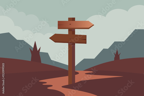 Religious road sign with a crucifix against a blue sky in a mountain landscape at sunset, symbolizing faith