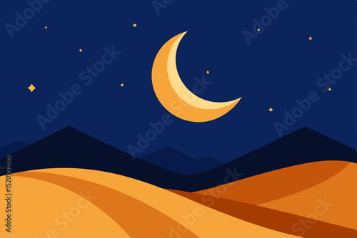 Moon and stars in a blue night sky illustration with a crescent moonlight fantasy
