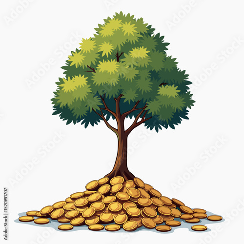 Tree growing from pile of gold coins, the concept of financial growth