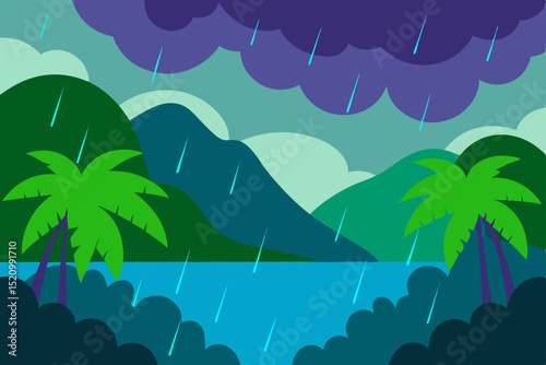Tropical island beach with palm trees, summer vacation in the sun, and ocean waves