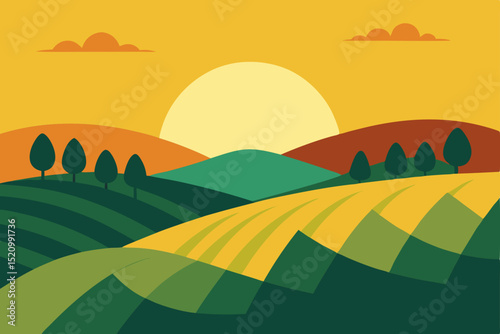 Vector illustration of a serene summer landscape with green hills, blue sky, and distant mountains under a warm sun