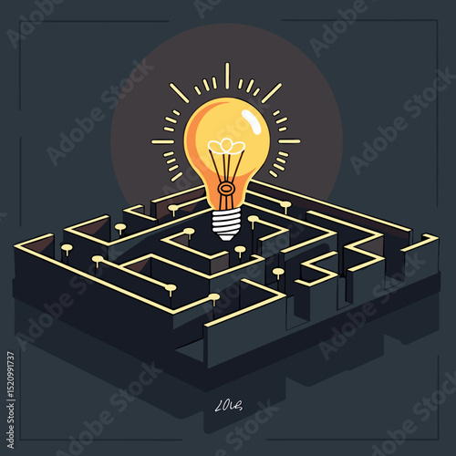 A glowing lightbulb shining above a maze, symbolizing solution finding