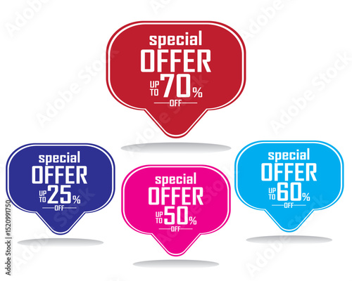 Special Offer Callout Labels  Up to 70% Off, Bold Discount Tags Vector, up to 70%, 60%, 50%, 25%, A collection of bold, colorful callout style labels featuring special offer text with varying discount