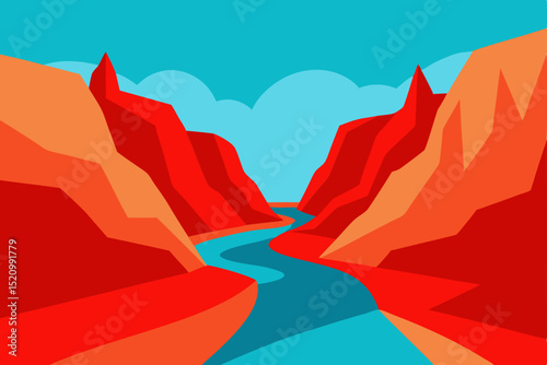 Red mountain landscape at sunrise with a vibrant orange sky and distant hills