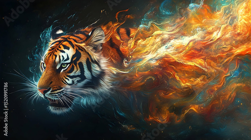 Majestic tiger in a vibrant cosmic blaze.