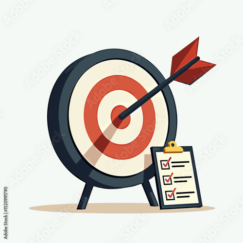 Goal achieved, arrow in bullseye, task list complete, for business presentation