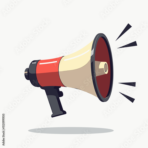 Megaphone in red, beige, and black, communication tool for announcements, against a white background, with space for copy