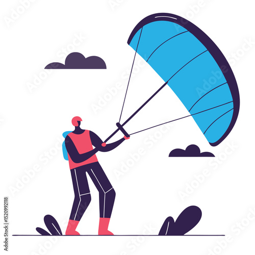 Kitesurfer Preparing Kite With Clouds and Foliage in Minimalist Vector Style