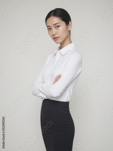 Stylish Asian Female Office Professional in Sleek Outfit with Refined Makeup, against Minimalist Backdrop. Elegance and Modern Business Attire.