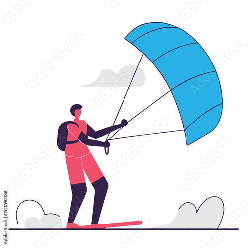 Kitesurfer Navigating with Blue Kite and Board in Simple Vector Style Illustration