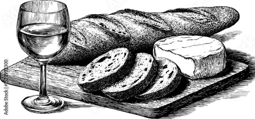 Elegant engraved illustration of baguette slices, cheese, and wine on wooden board