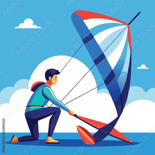 Kitesurfer Preparing Rig on a Sunny Day Vector Illustration with Blue Sky