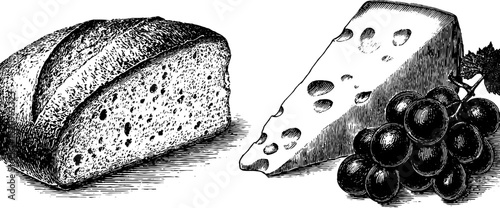 Vintage engraving of baguette slice with cheese and grapes for culinary design