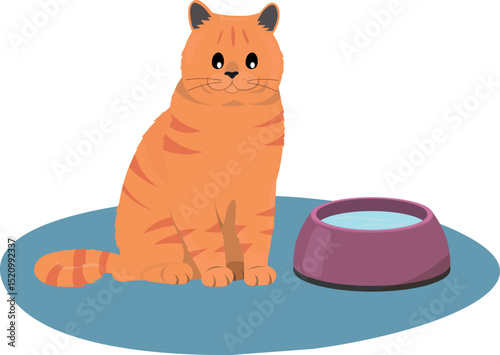 Cute cartoon cat with water bowl in flat vector style. Banner, sticker label and greeting card.