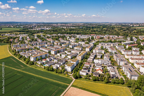 Aerial view of a modern housing development with photovoltaic systems in Ludwigsburg, Germany