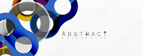 Abstract design features overlapping colorful circles. Blue, gray, yellow hues create dynamic composition. Modern graphic element.