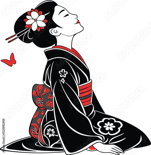 Traditional Japanese Geisha Portrait of Seated Woman in Black Kimono with Red Flower Top View Stylized Vector

