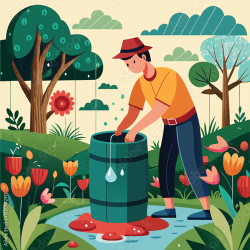 Man Gathering Rainwater in Barrel Amidst Lush Garden with Trees and Flowers