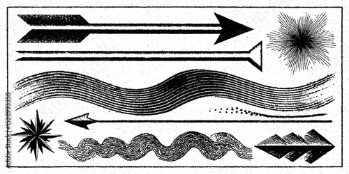 Engraved illustration set featuring basic arrows and artistic elements for design