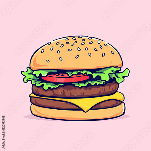 Juicy Cartoon Hamburger with Cheese Lettuce and Tomato Vector Illustration