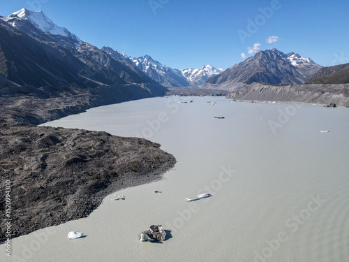 Drone view at Tasman Glacier lake in New Zealand