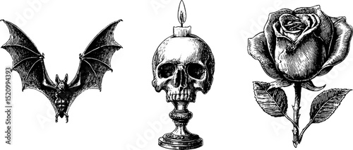Gothic engraved set featuring bat wings, skull candle, and rose for decorative design