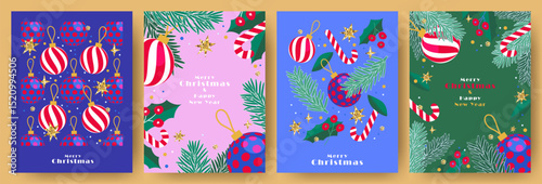 Merry Christmas and Happy New Year Set of greeting cards, posters, holiday covers. Modern Xmas design in blue, green, red, yellow and pink colors. Christmas tree, balls, fir branches, gifts elements
