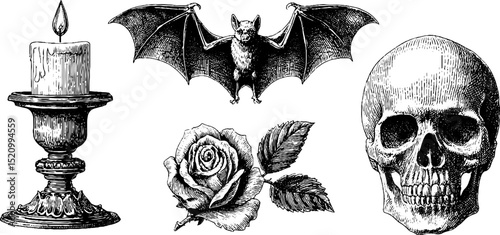 Gothic engraved set with bat, skull, candle, and rose for halloween design