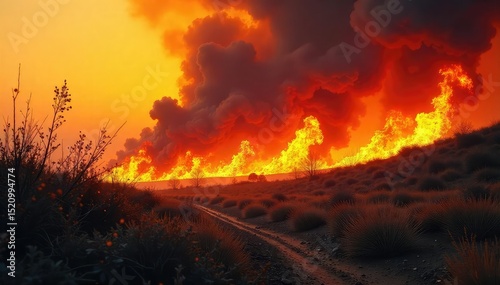 Intense, raging inferno engulfing dry brush, creating a chaotic, fiery landscape Wildfire, extreme heat, destruction, natural disaster, burning, flames, smoke, embers , fiery, wild