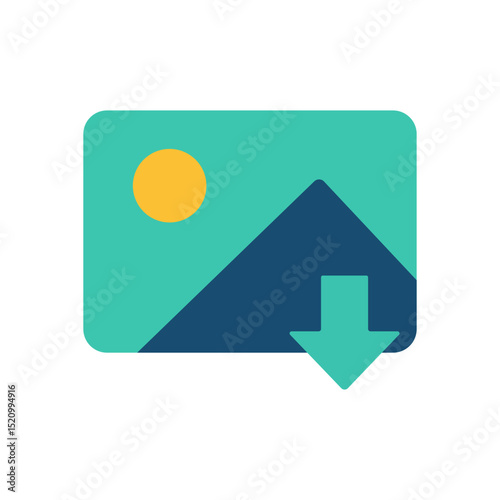 Minimalistic picture download button showing landscape with bright sun and arrow pointing downward