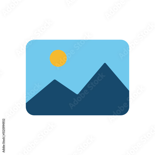 Modern scenic image placeholder with dark hills, round sun, and soft blue background