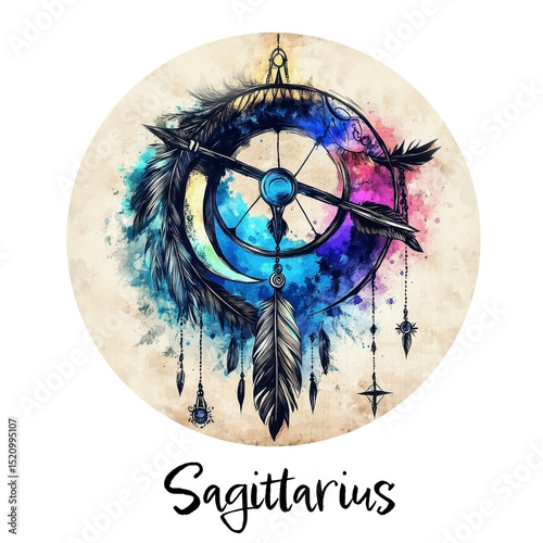 Colorful sagittarius zodiac art with feathers and cosmic elements in Boho style