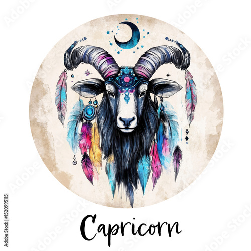 Capricorn zodiac art with feathers and dreamcatcher elements in Boho style