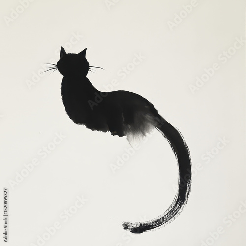 Elegant chinese calligraphy of a cat in black and white ink artwork