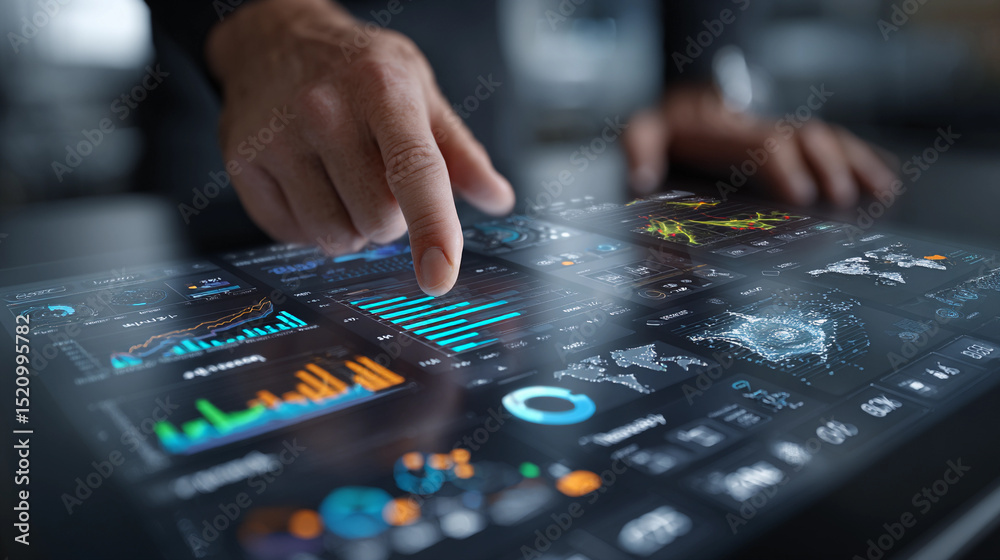 Fototapeta premium Interactive data analysis on a digital touchscreen display showcases various charts and graphs highlighting significant trends and insights in real-time environments