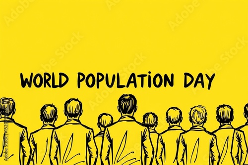 Wide banner for World Population Day with minimalist black sketch human figures seen from behind along the bottom edge on vibrant yellow background; upper space empty for text.

