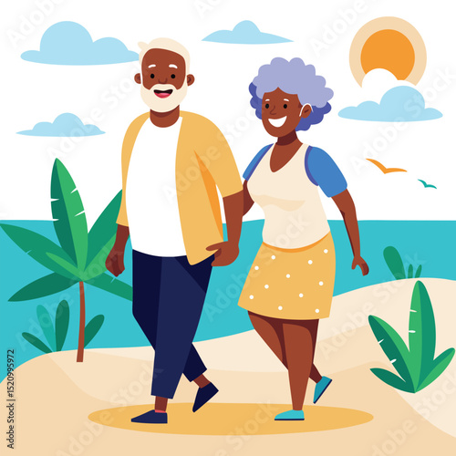 Smiling Senior Couple Walking HandinHand on a Sunny Beach Vacation Together