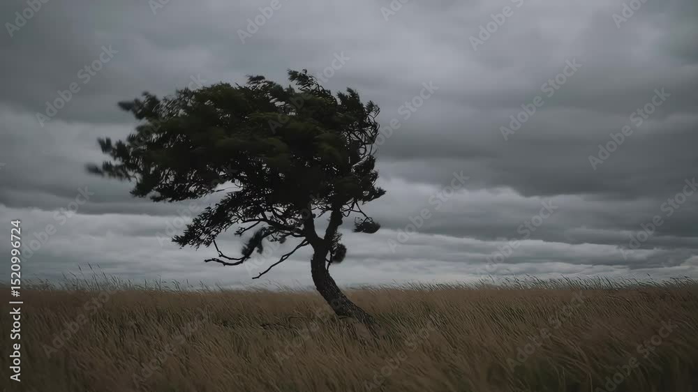 Lone tree bending in wind over grassy hill under dark cloudy sky, symbolizing solitude, resilience, atmospheric power and natural melancholy mood