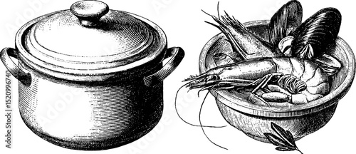 Culinary heritage and seafood cuisine: engraved bouillabaisse pot with ingredients