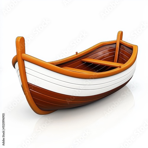 Wooden rowboat with brown and white stripes on a white background. The boat is shown from a three quarter view.  It has wooden oars and a simple