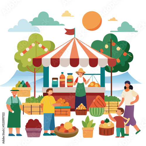Sunny Farmers Market Scene with People, Fruits, and Vegetables Illustration