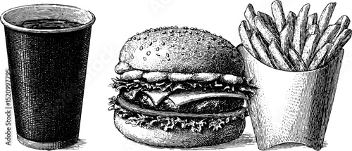 Vintage engraved burger and fries with soda illustrations for food design