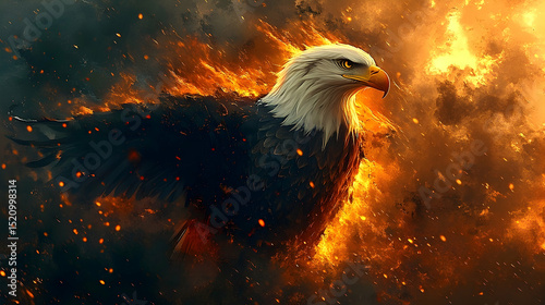 Fiery eagle soaring through flames.