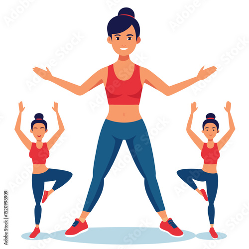 Woman Demonstrating Exercise with Reflections in Athletic Wear on a White Background