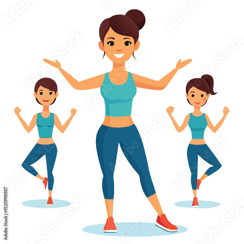 Woman Leading Fitness Class with Two Students Demonstrating Balance Poses Together