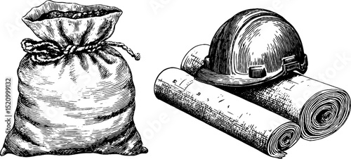 Engraved construction tools and cement bag illustration for design projects