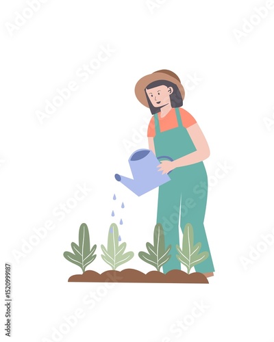 Illustration of a Gardener Watering Plants with a Watering Can Outdoors
