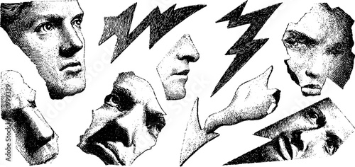 Engraved chaos: artistic faces and zigzag arrows illustration for creative design