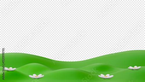 Vector 3D Illustration of Green Hills With Flowers on Transparent Background.