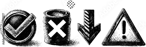 Vintage engraved symbols collection: checkmark, cross, arrow, exclamation for design elements